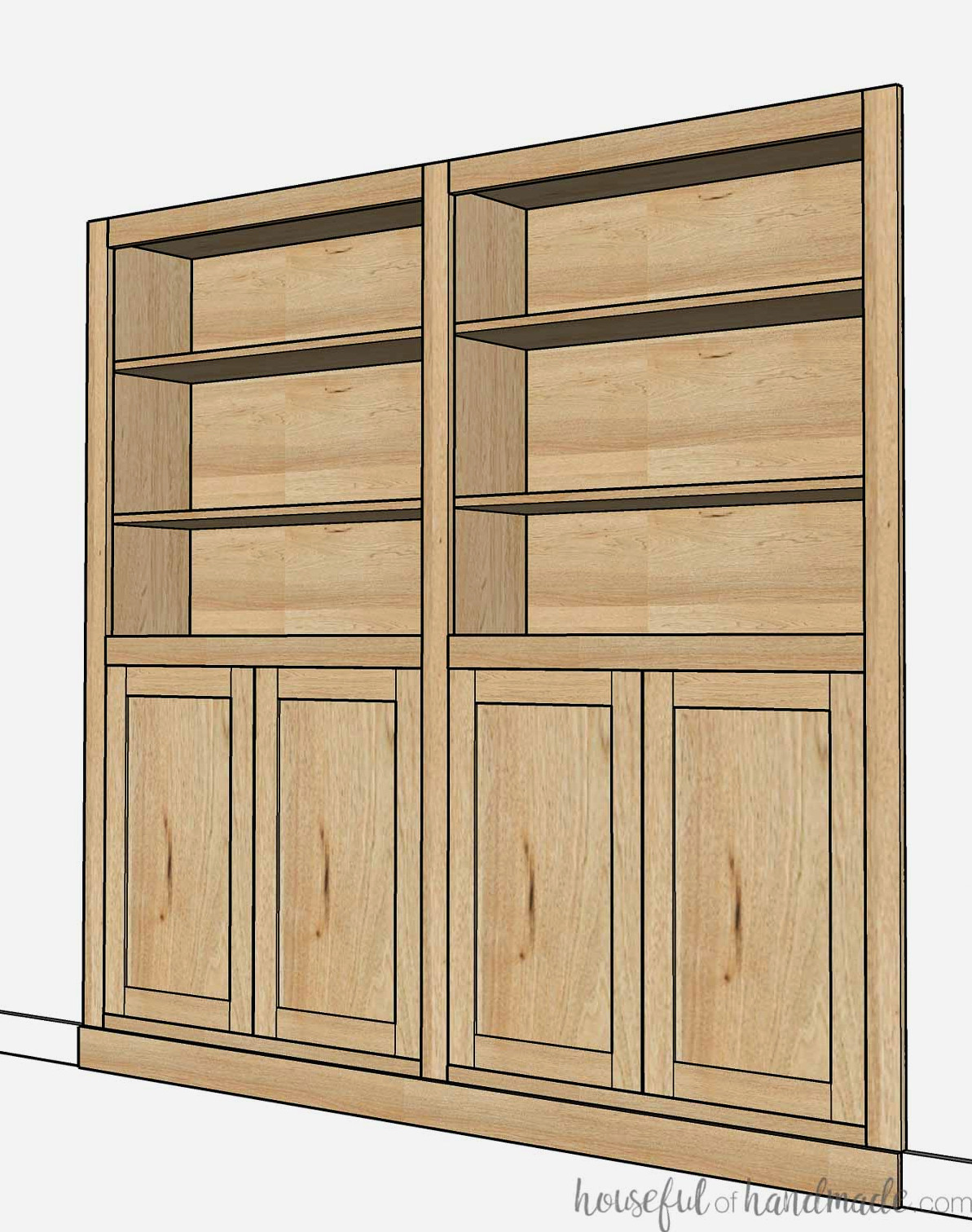 3D illustration of built-in bookcase plans featuring two bookshelves with lower doors recessed into the wall. 