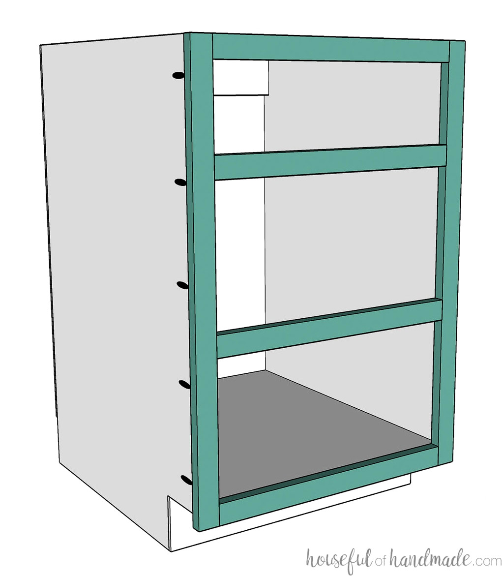 3D sketch of the face frame drawer base cabinet with the face frame attached to the front.