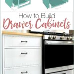 Pictures of face frame and frameless drawer base cabinets split out into parts and a picture of completed DIY drawer cabinets in a kitchen.