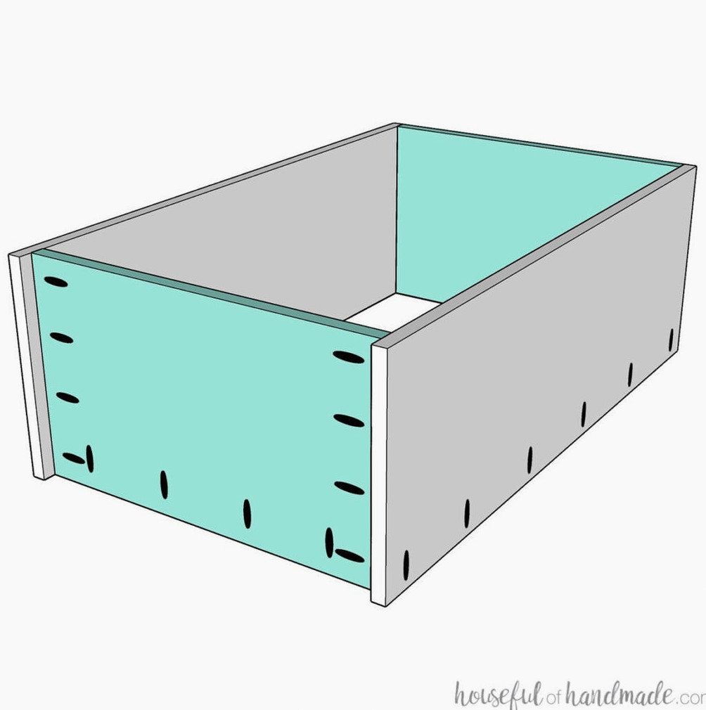 3D sketch of the top and bottom pieces of the wall cabinet attached to the sides with pocket holes.