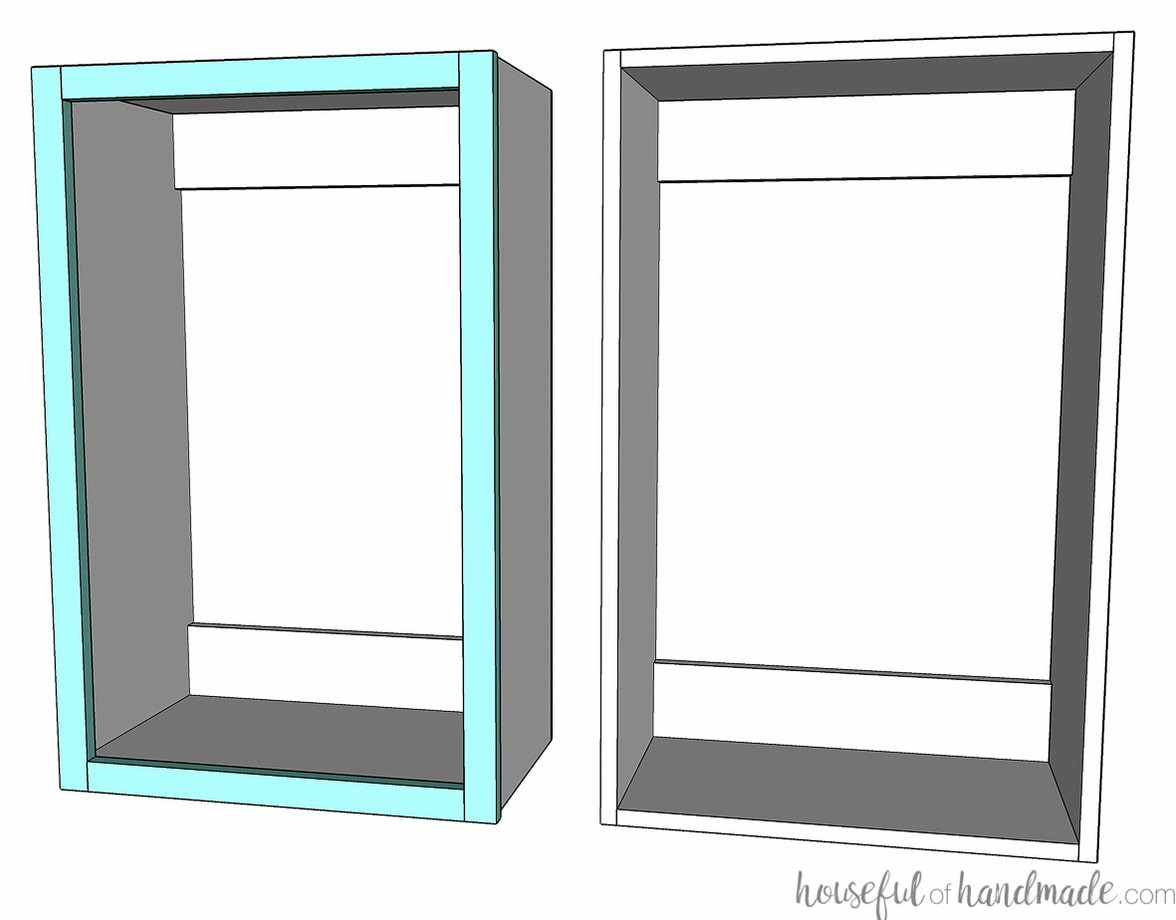 3D illustration of a face frame wall cabinet beside a frameless wall cabinet.