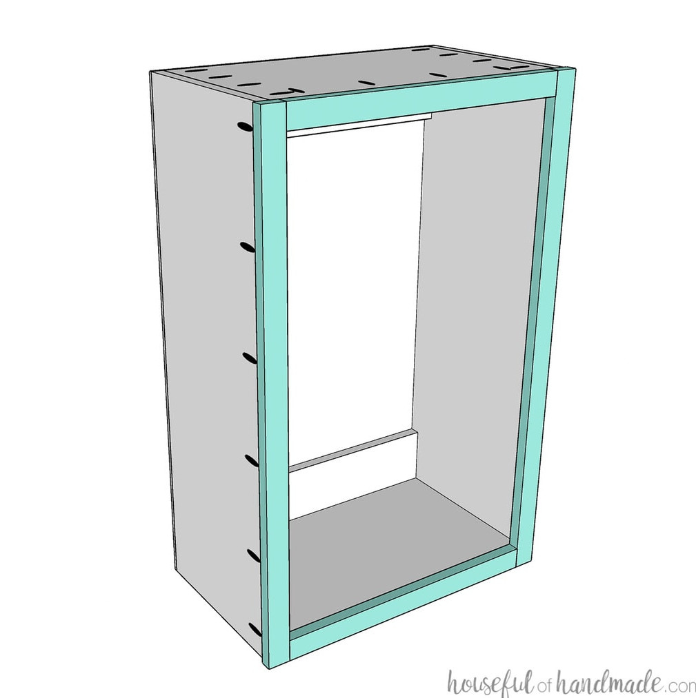 3D sketch of the face frame being attached to the front of the completed wall cabinet carcass.
