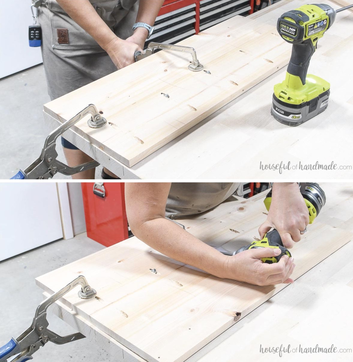 Joining the three top boards to create a wider panel. 