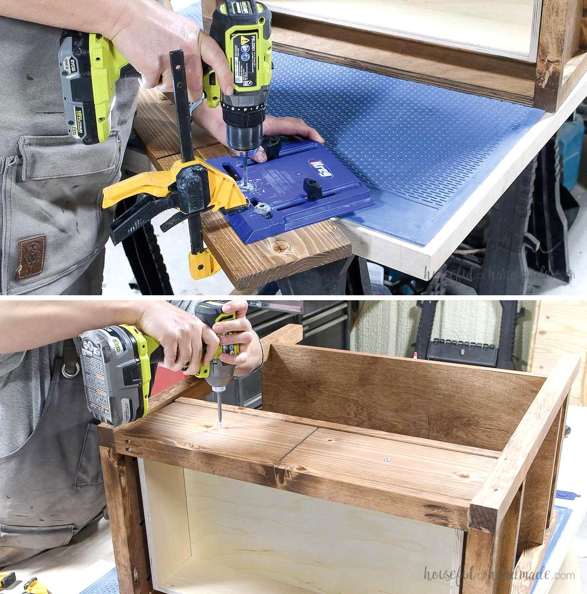 Making knob holes and securing the drawer front. 