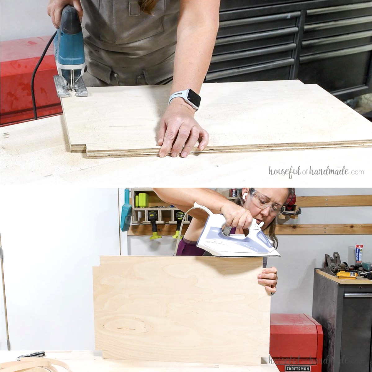Cutting notches into the bottom shelf plywood and applying edge banding. 