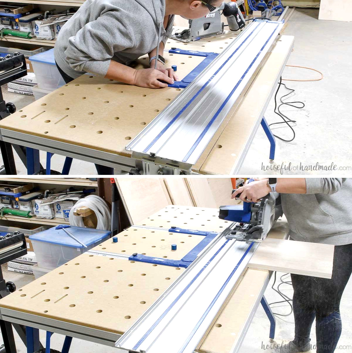 Cross-cutting plywood sections for the contemporary curio cabinet.