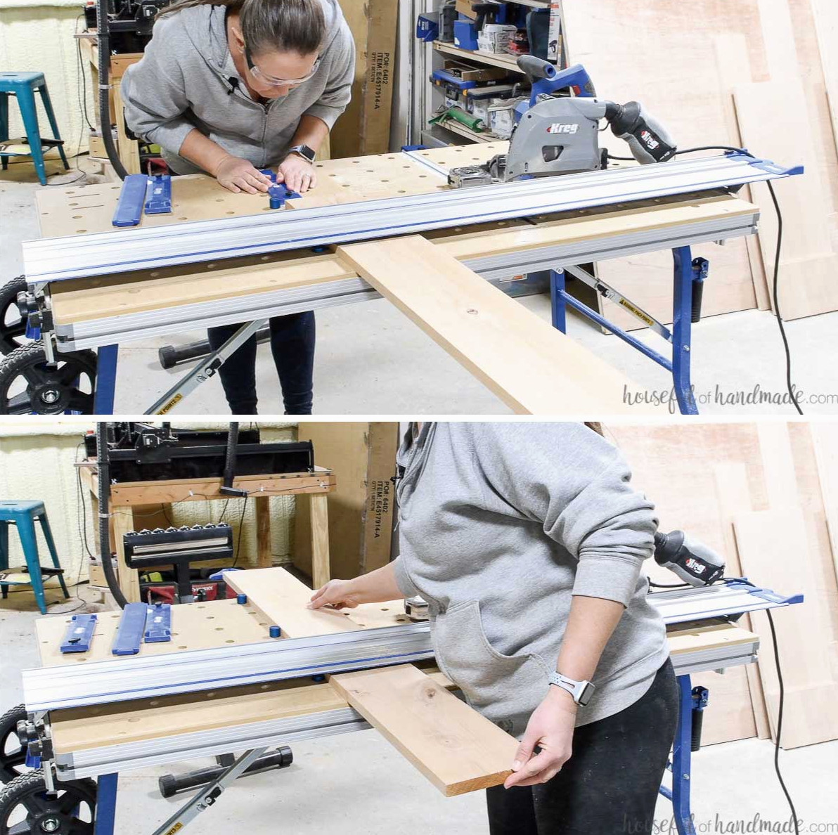 Using stops to make consistent cuts for the cabinet face frames.