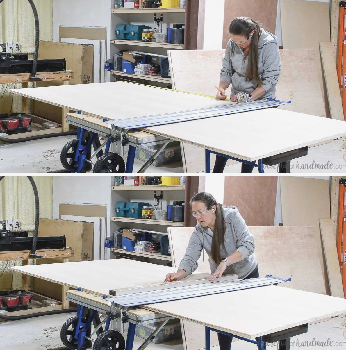 Marking and measuring the plywood cut line on the adaptive cutting system table.