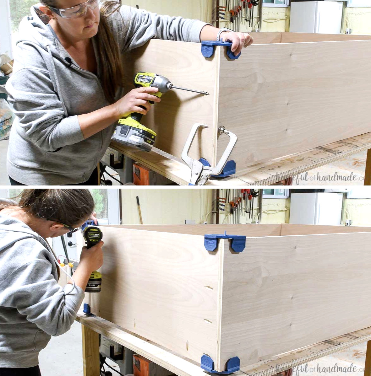 Securing the top to the curio cabinet.