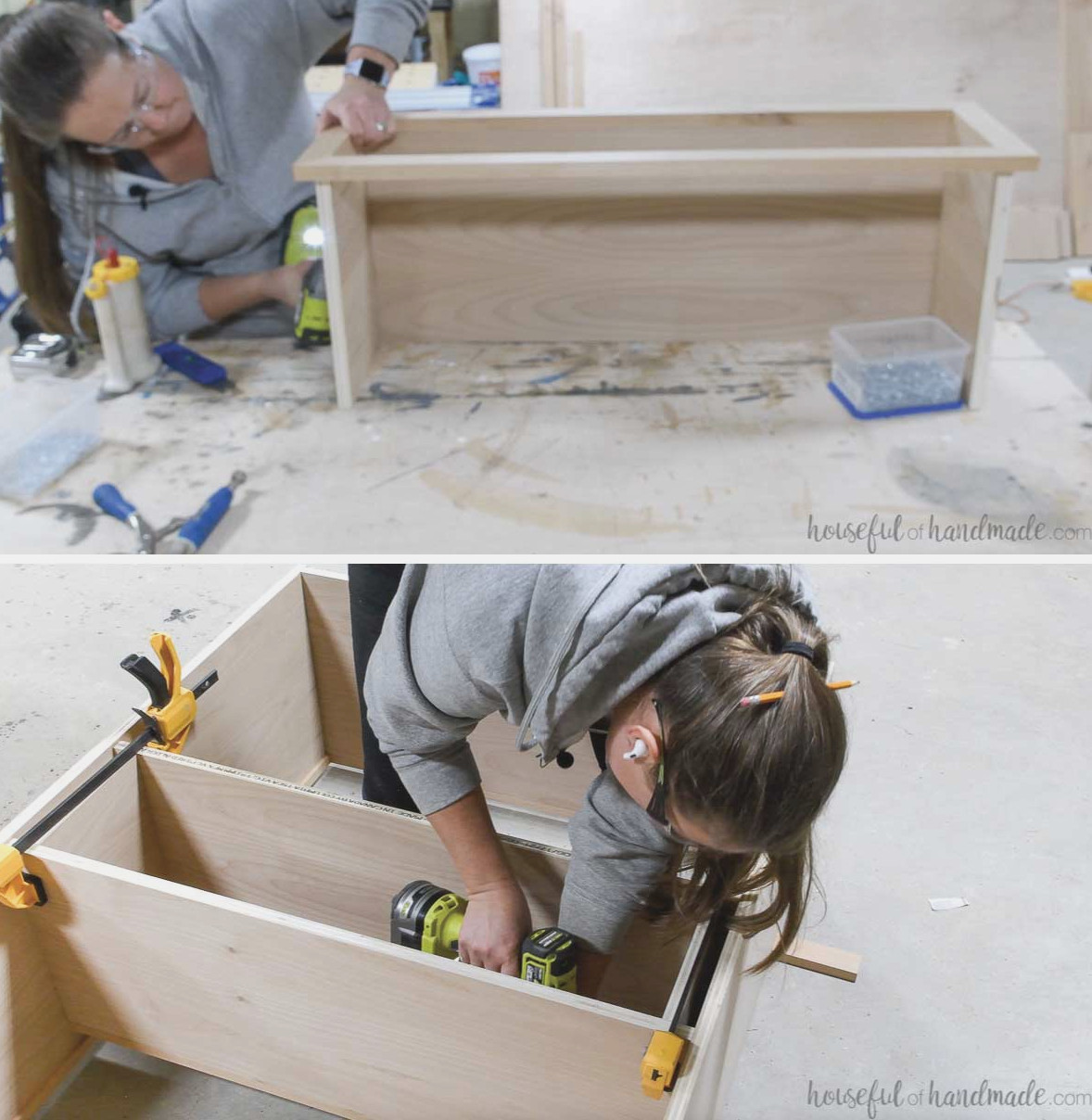 Attaching the face frame to the cubby shelves and then attaching it to the already attached shelf in the cabinet.