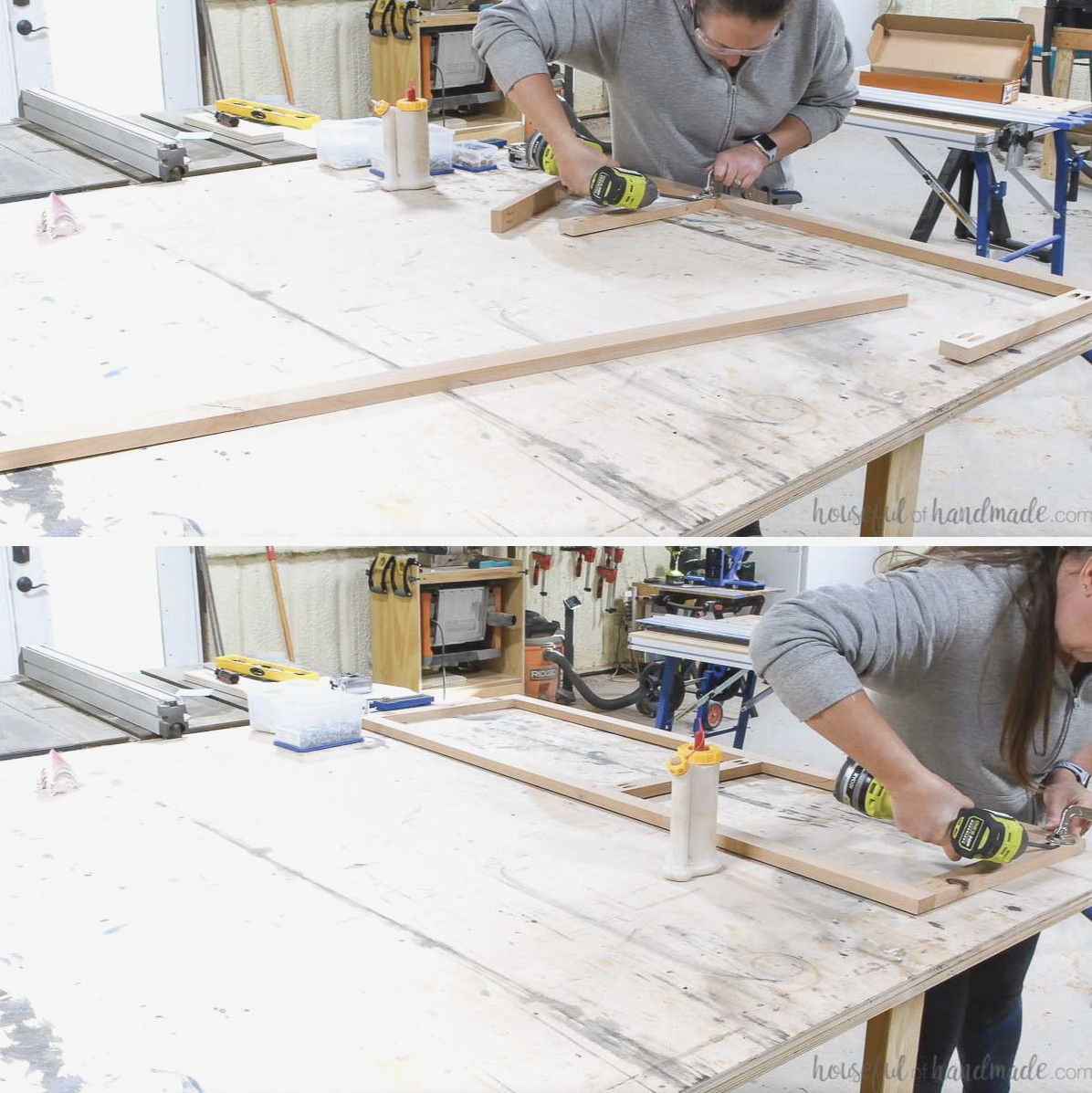 Constructing the frame for the glass-inset cabinet doors.