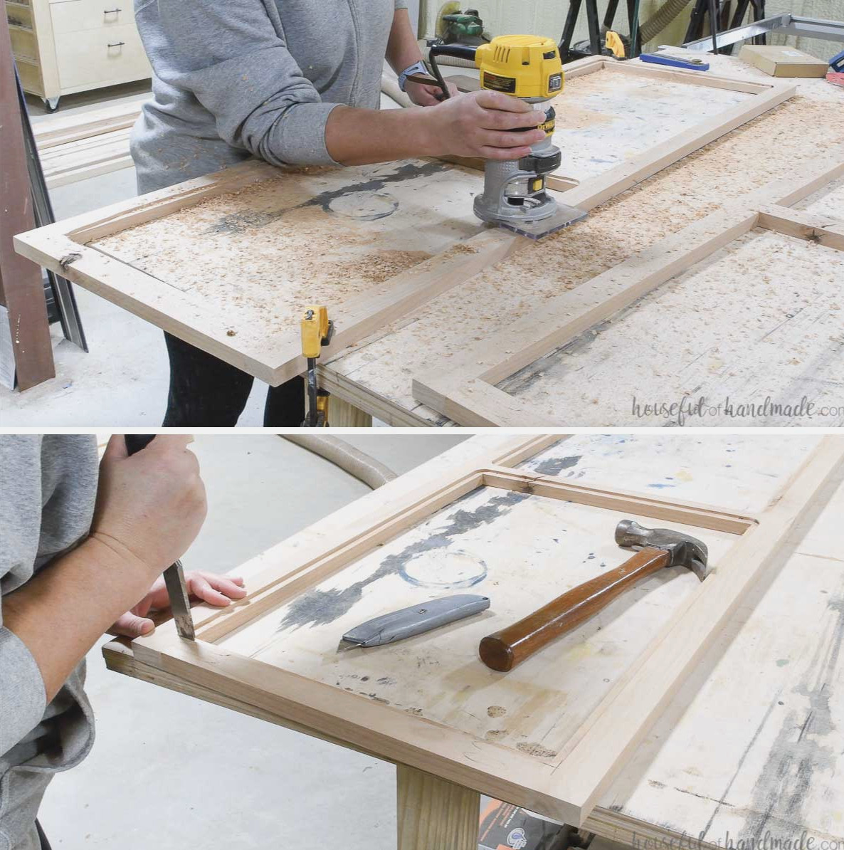 Routing a groove into the backs of the cabinet doors for glass installation.