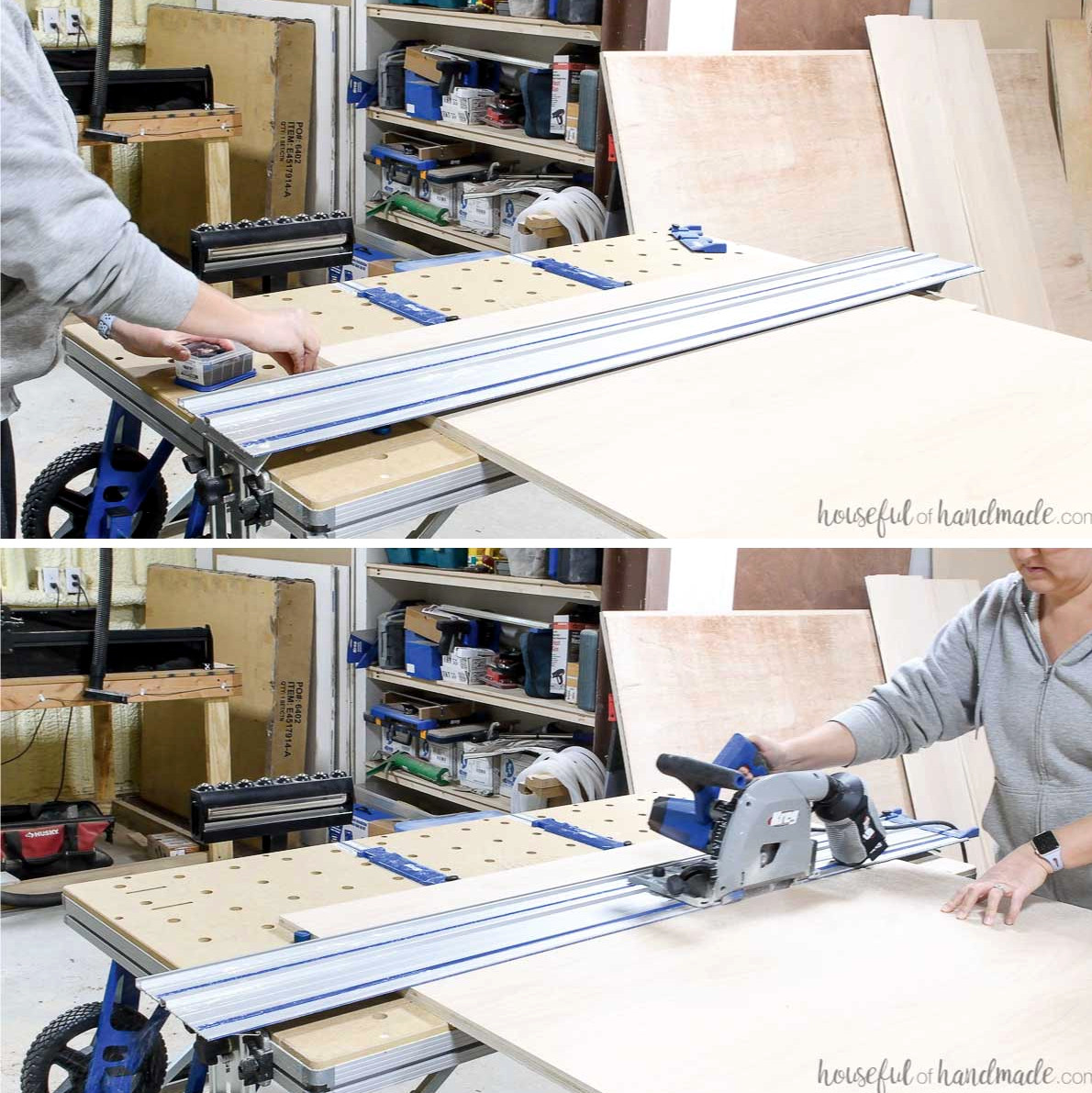 Cutting plywood shelves for the display cabinet.