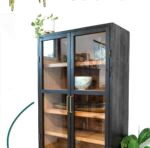 3D SketchUp drawing of the DIY display cabinet beside an image of the finished cabinet, stained black with a wooden interior, and text overlay: Gorgeous DIY Display cabinet.