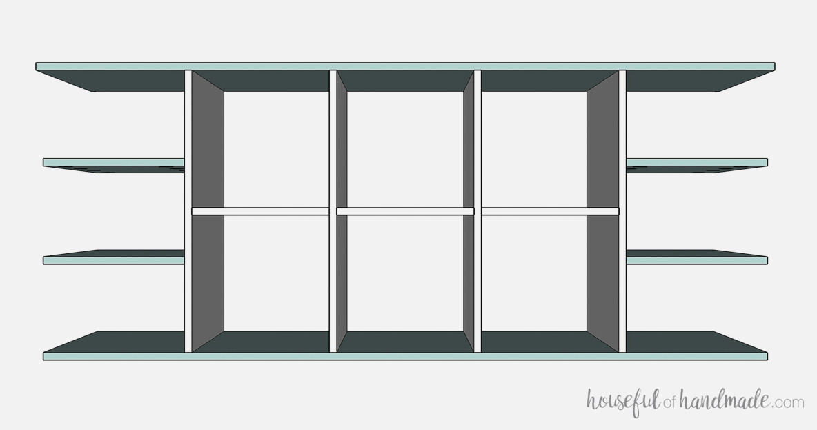 Securing the top, bottom, and side shelves to the cube section.