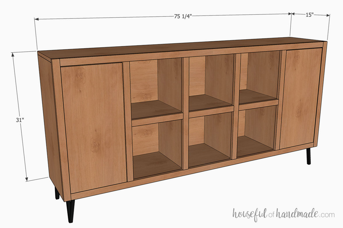 Three-dimensional illustration of the cube storage console showing its measurements.