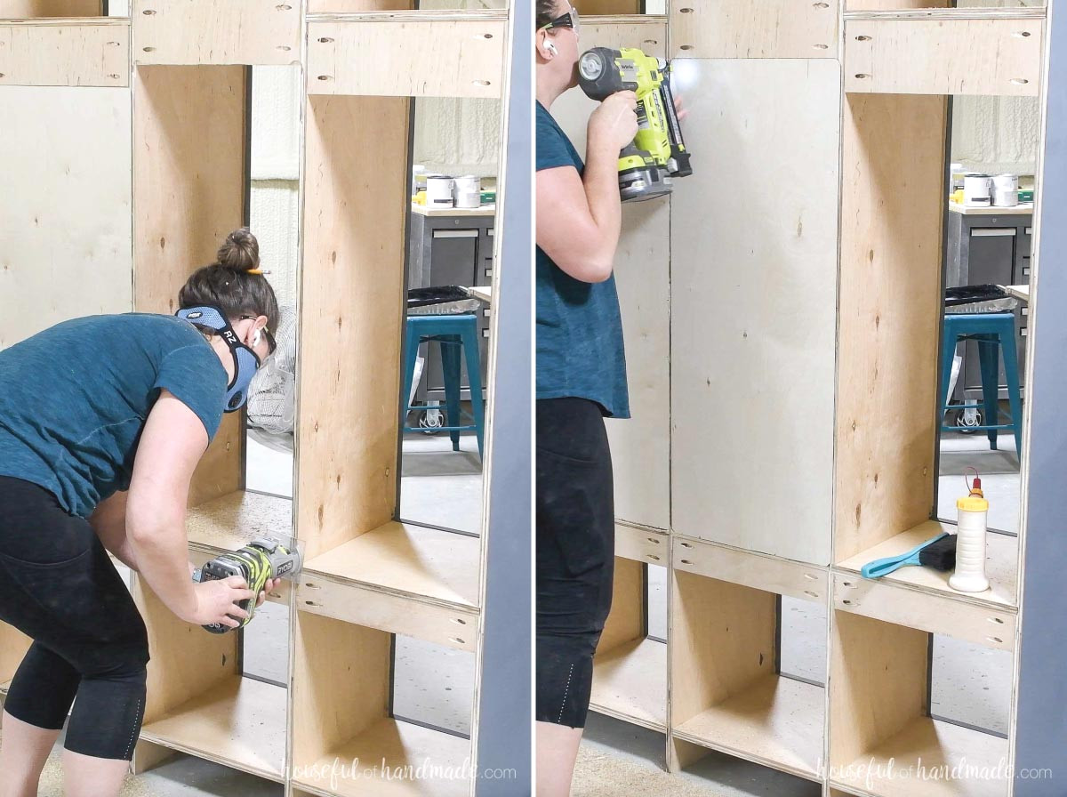 Installing the back panels on the lockers’ center sections.