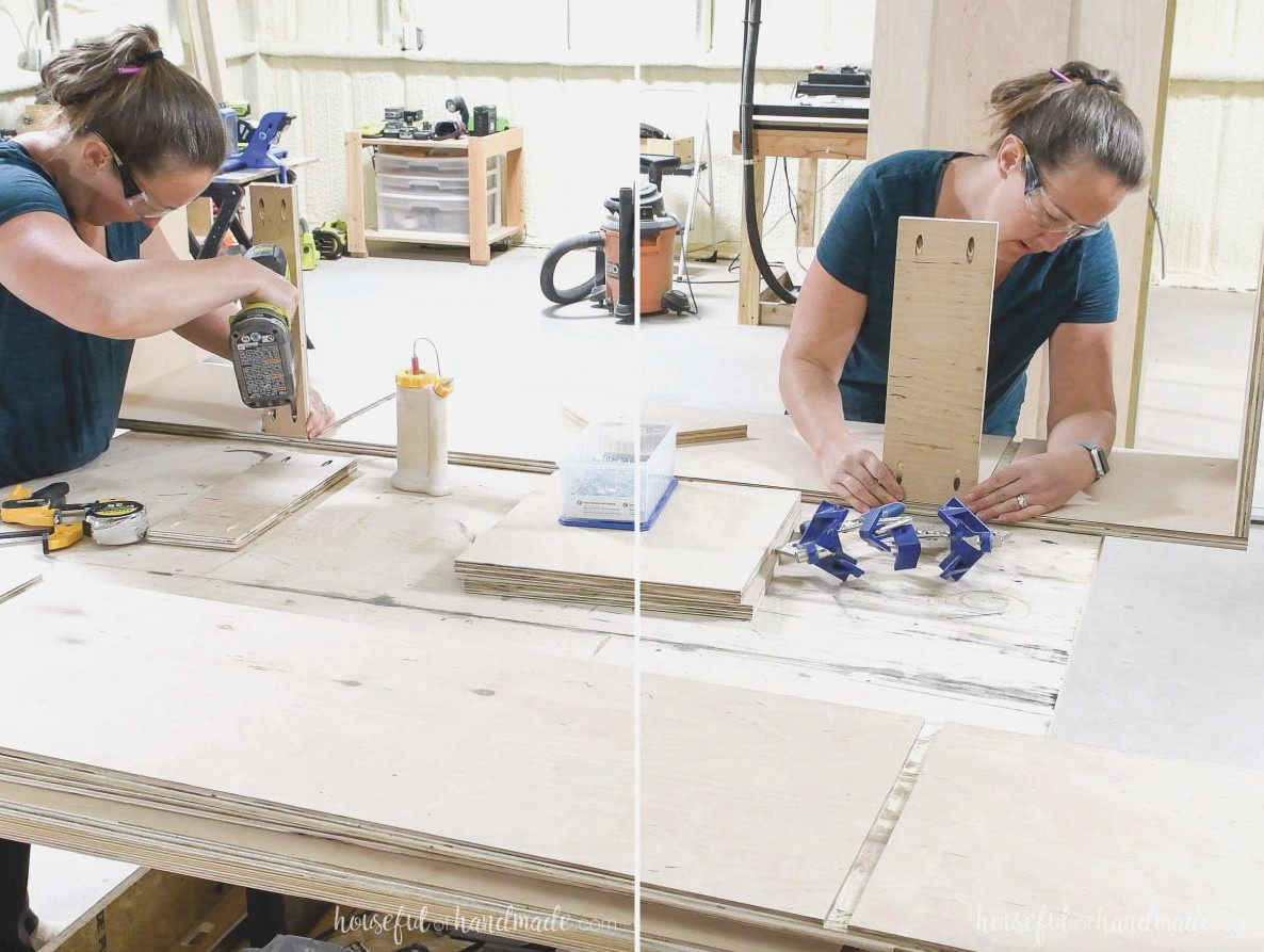 Attaching support pieces to the back of the locker section.