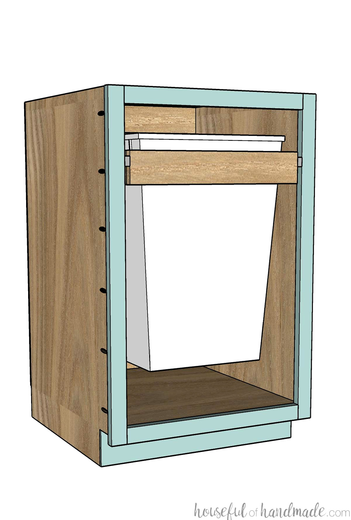Garbage can cabinet with a custom can holder in a face frame cabinet.