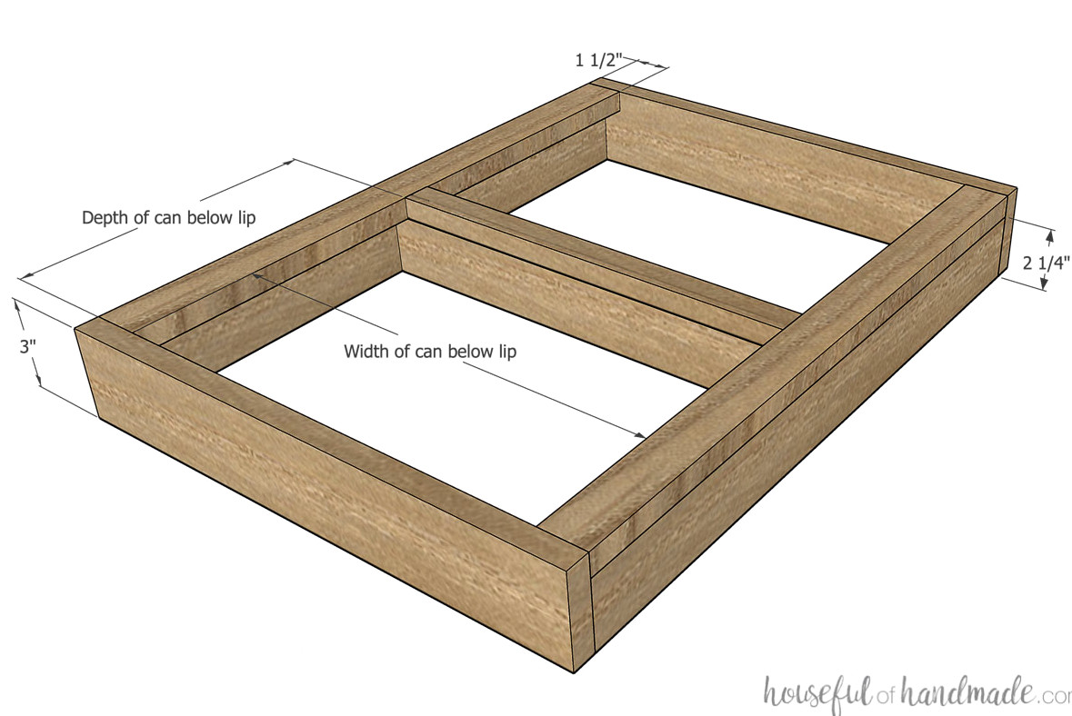 DIY insert for constructing a pull out trash can cabinet in the kitchen.