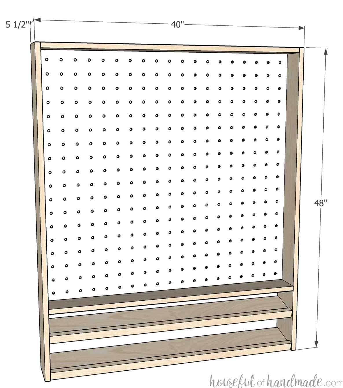 3D drawing of the pegboard storage cabinet showing its overall measurements. 