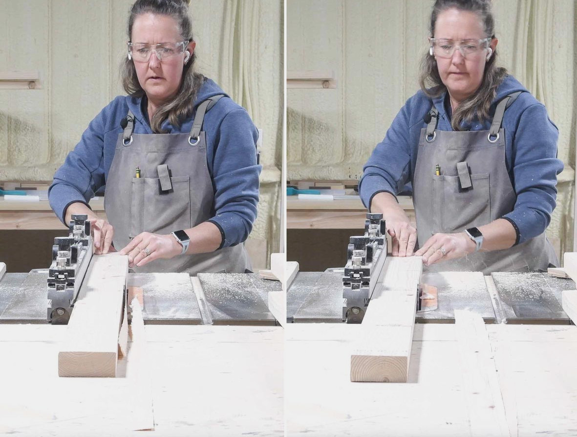 Cutting the curved edges off the 2x4 boards. 