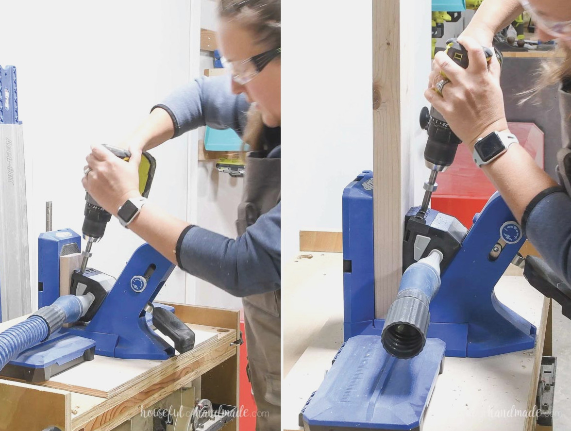 Drilling pocket holes in the 3/4" thick slat boards and 1 1/2" thick rails. 
