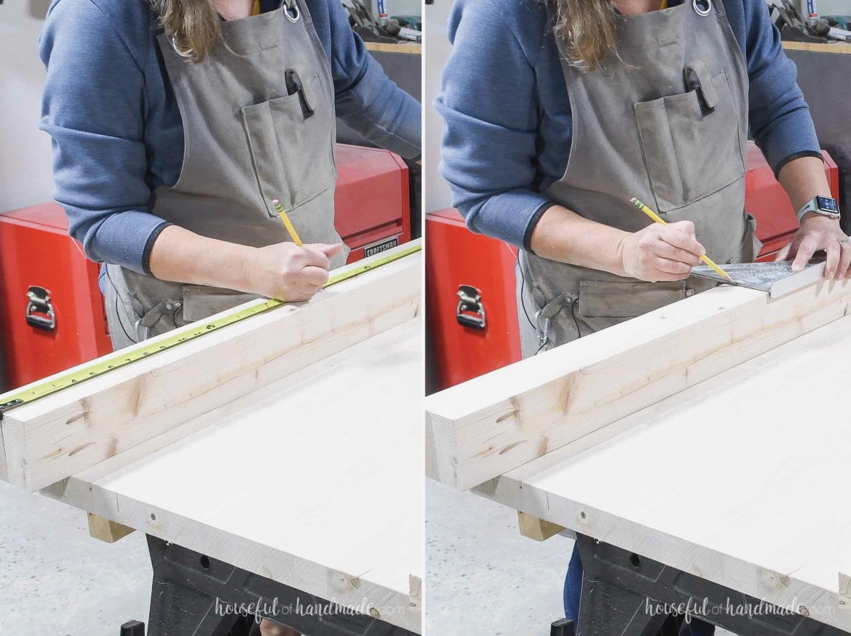 Measuring and marking the placement of the footboard slats. 