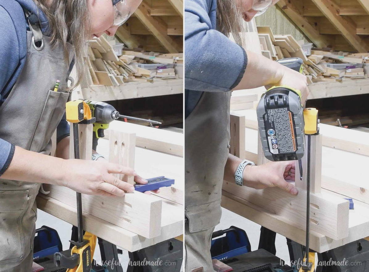 Attaching the slats to one of the footboard rails with pocket holes. 