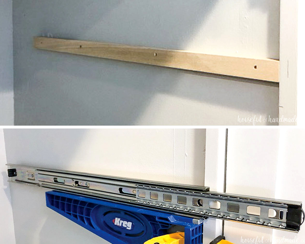 Blocking added inside a face frame cabinet to install the drawer slides and the drawer slide being installed. 