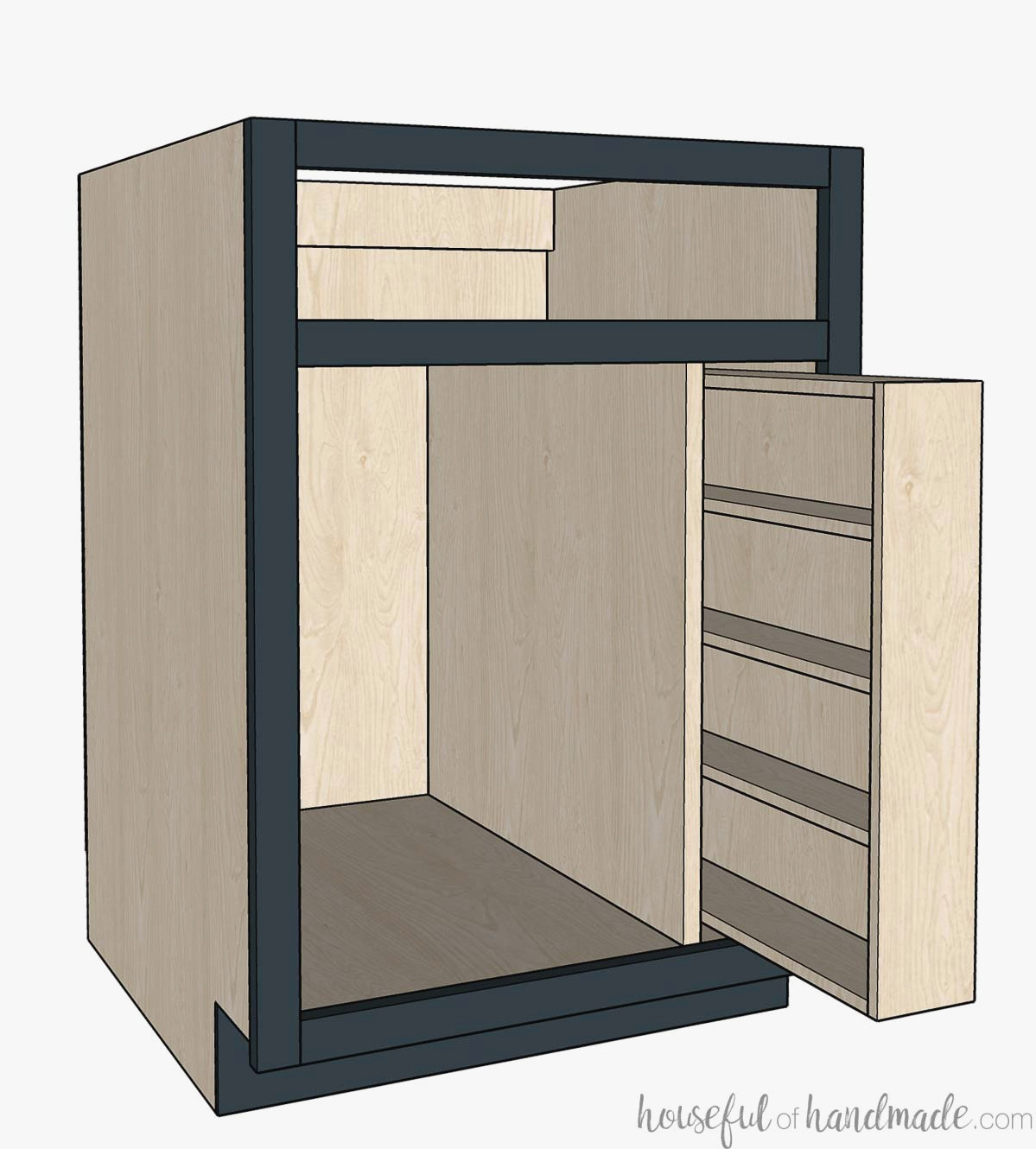 Illustration of a large base cabinet with a retrofit pull-out spice cabinet on one side. 