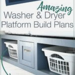 3D sketch of the washer and dryer platform next to completed platform with text overlay.