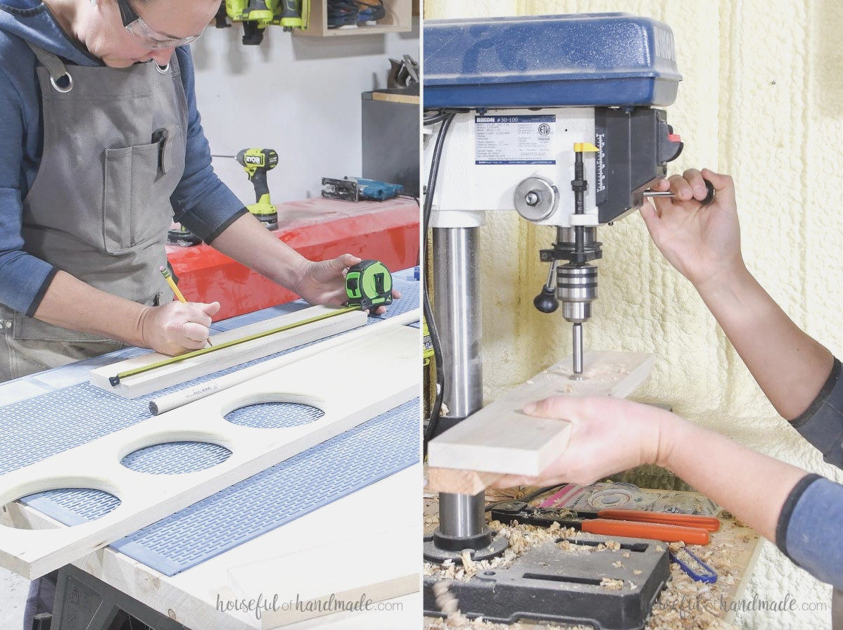 Marking and drilling holes in a 1x4 board for pegs. 