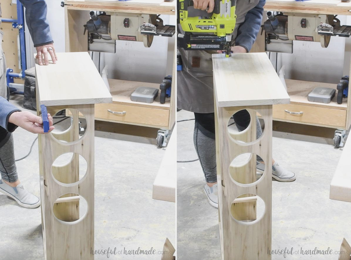 Aligning and fastening the top board with brad nails. 
