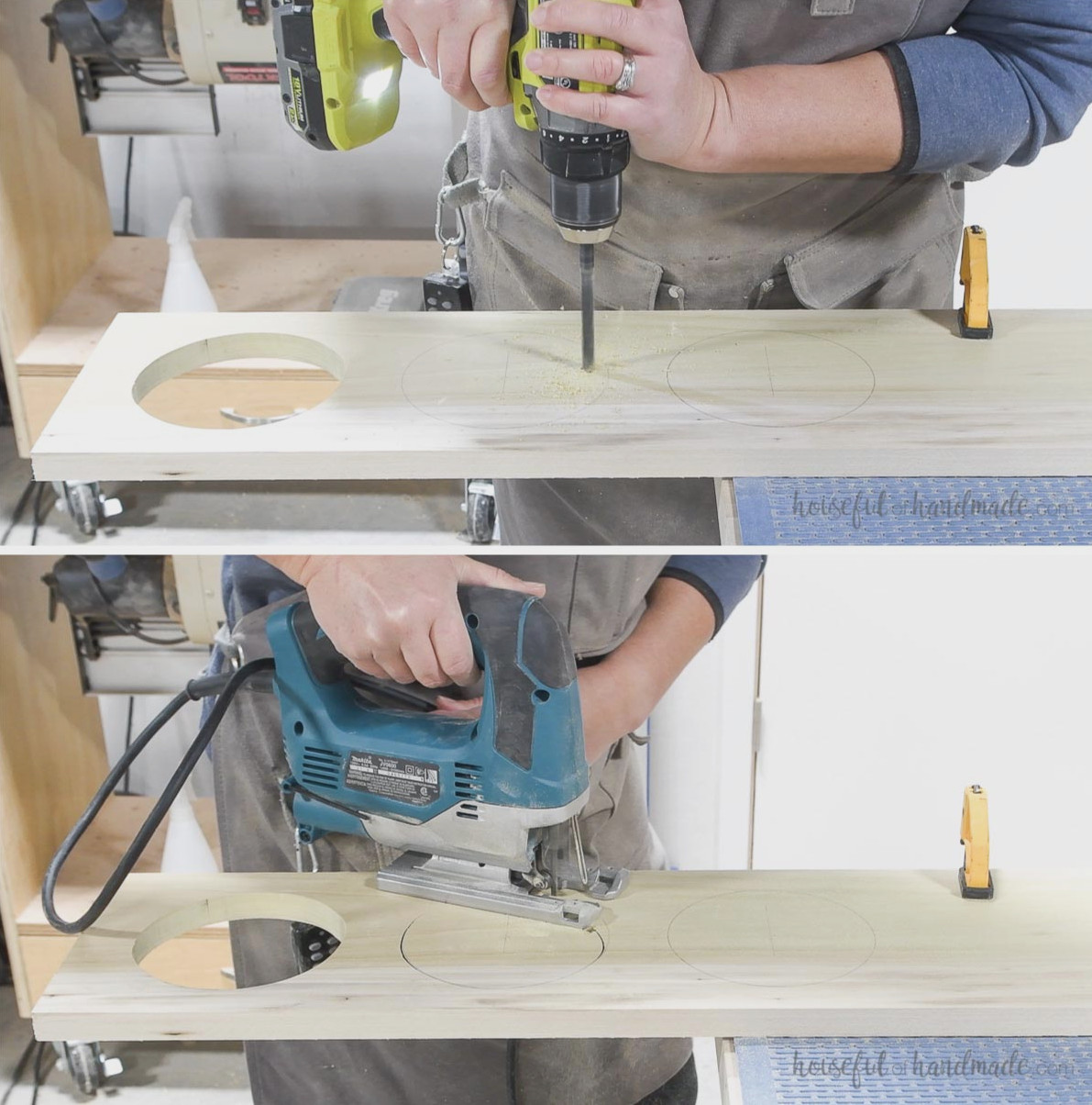 Drilling a hole inside the circle, then cutting it out with a jigsaw. 
