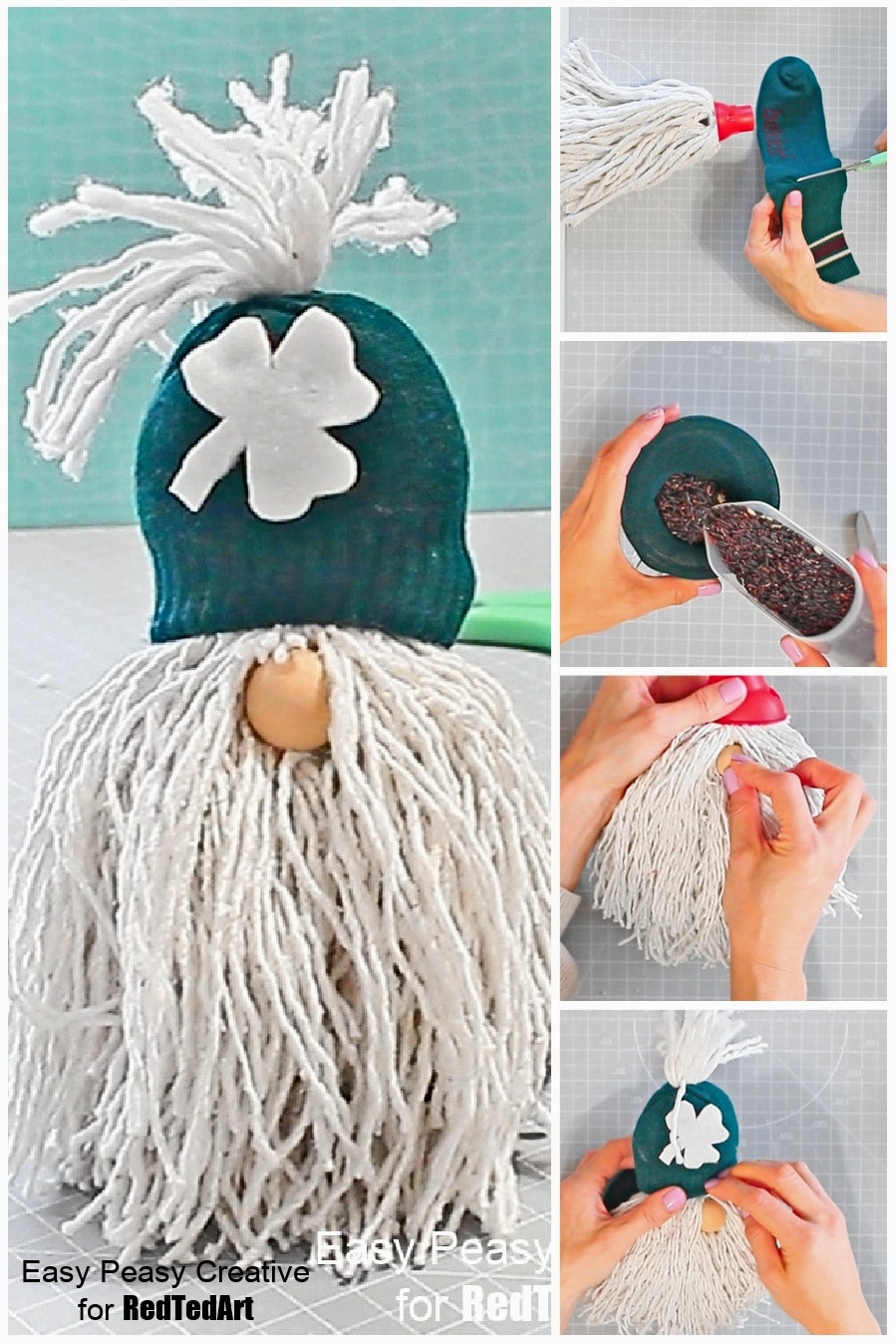 how to make a sock gnome for st patricks day (mop head beard)
