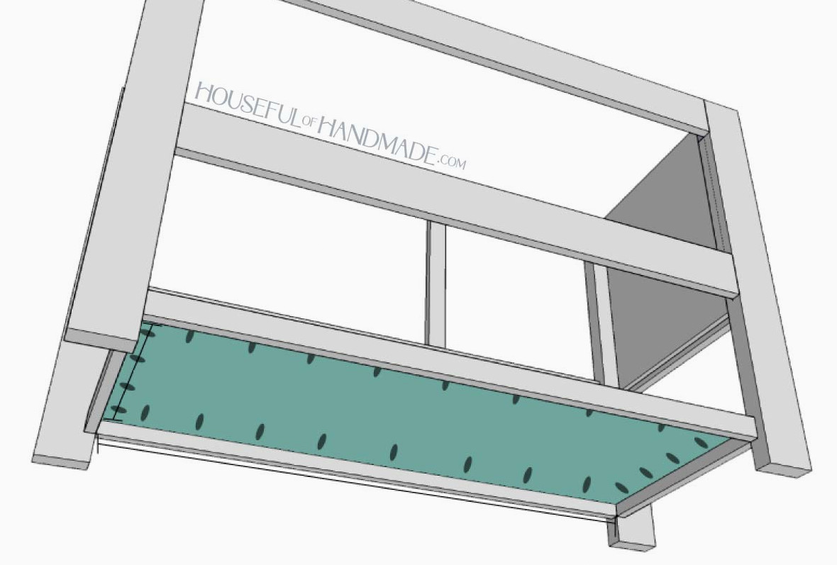 Installing the lower shelf between the trim boards. 