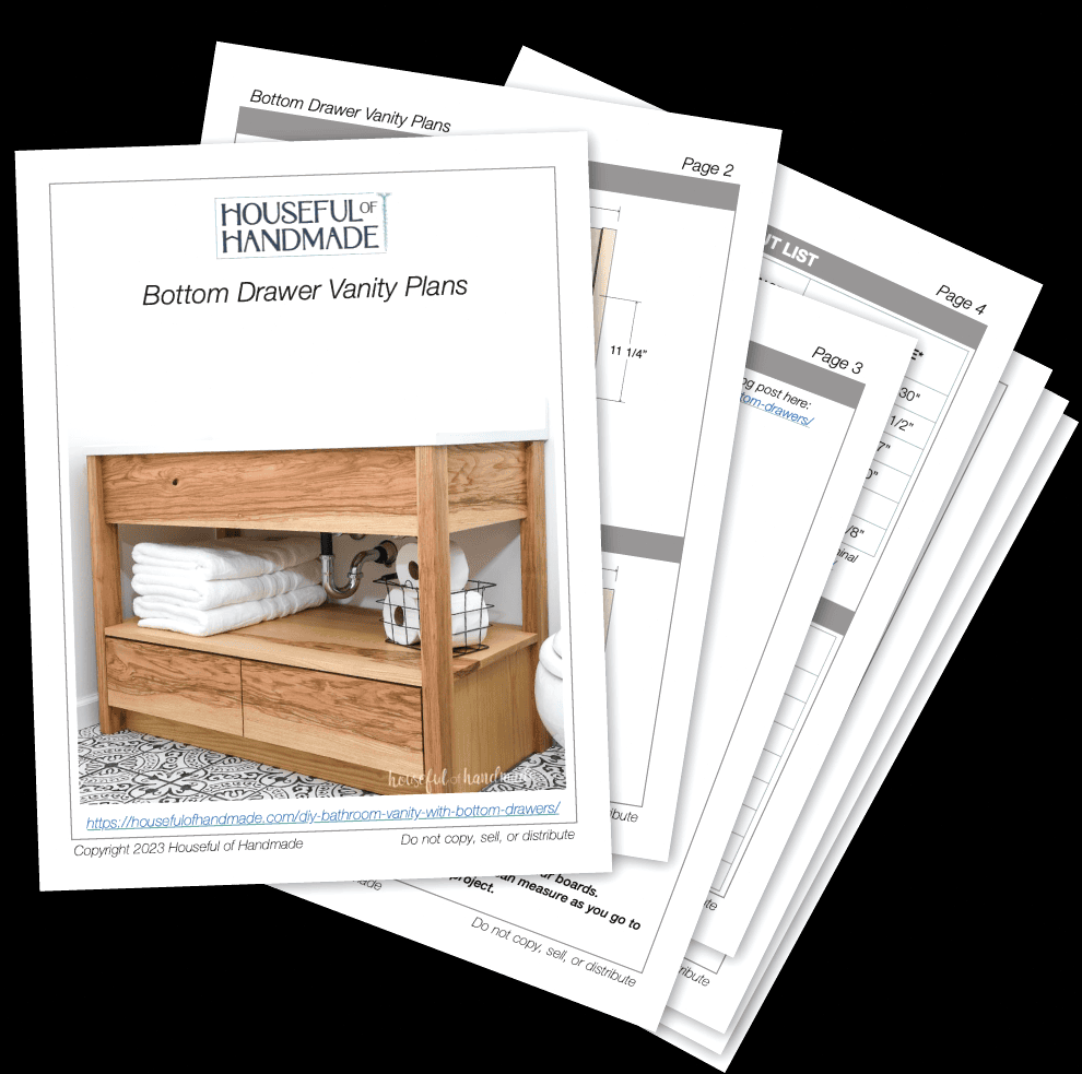 PDF plans for a bathroom vanity featuring drawers at the bottom.