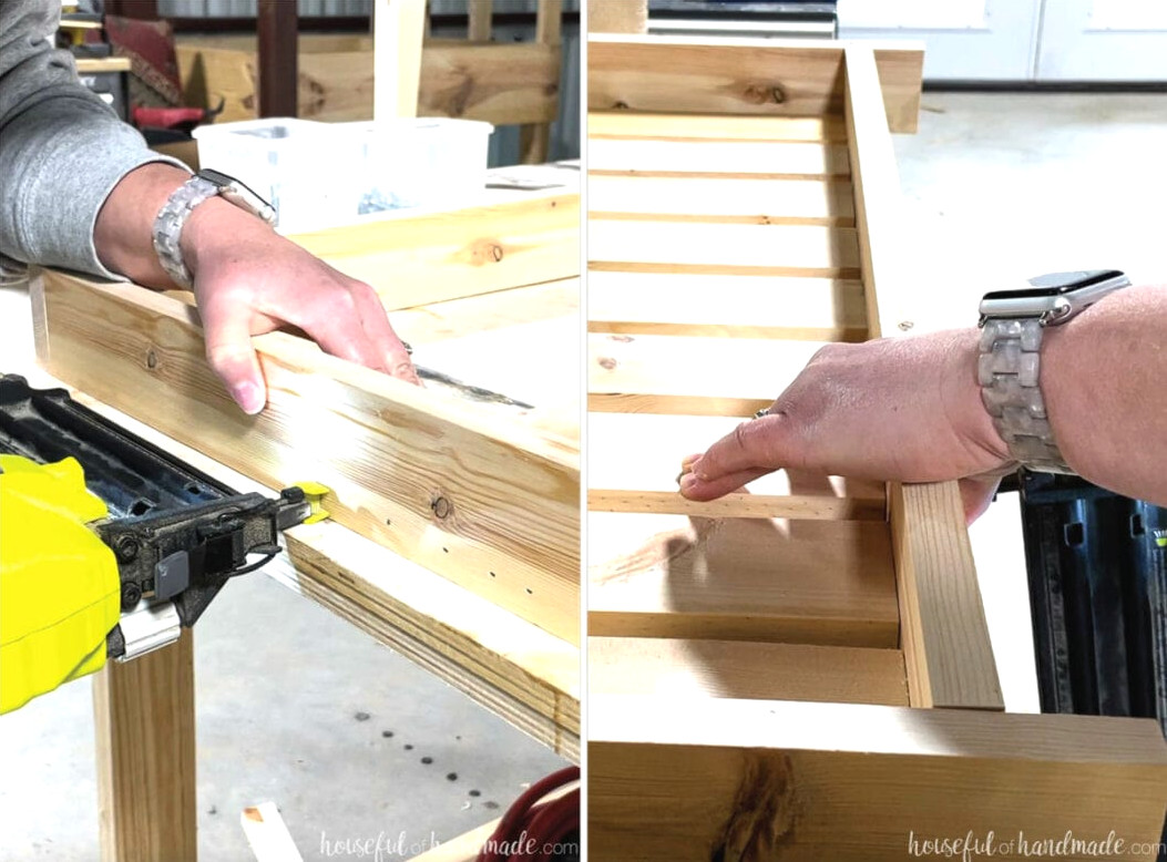 Completing the bathroom vanity shelf by securing the 1x3 slats inside the frame. 