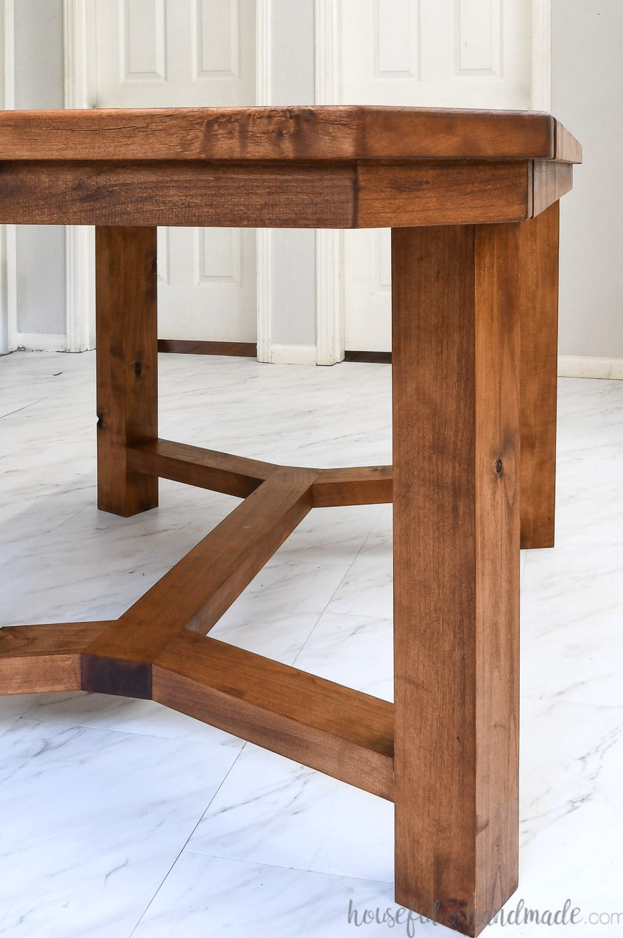 Detailed view of the DIY dining table base coated with TrueTone tung oil finish in Chestnut.