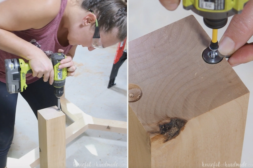Installing figure 8 fasteners on top of the table legs.