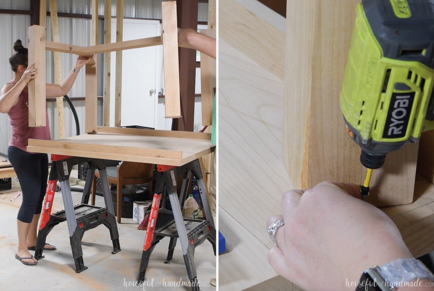 Positioning the table base over the tabletop and fastening it with figure 8 fasteners.