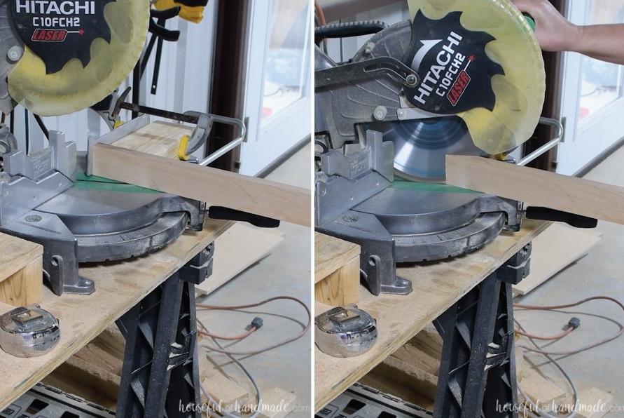 Using a jig to cut the 67 1/2" angle on the miter saw.