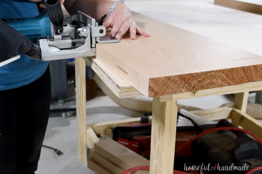 Making biscuit slots along the edge of a board.