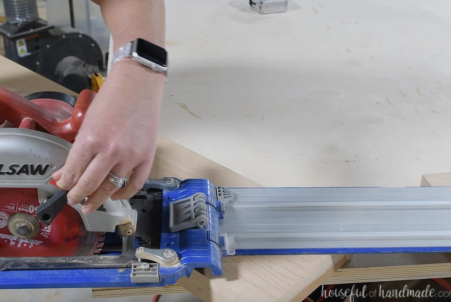 Removing the corner from the breadboard board with a circular saw and Kreg Accucut guide track. 