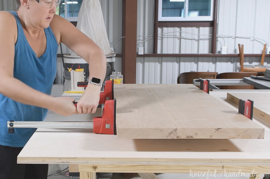Boards being secured together with Bessey clamps.