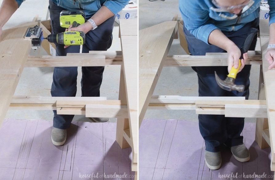 Drilling holes for the pins with the self centering dowel jig and hammering in the pins.