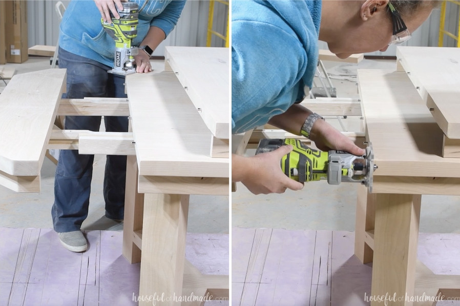 Routing a chamfer on the edge of the leaves, table top and ends. 