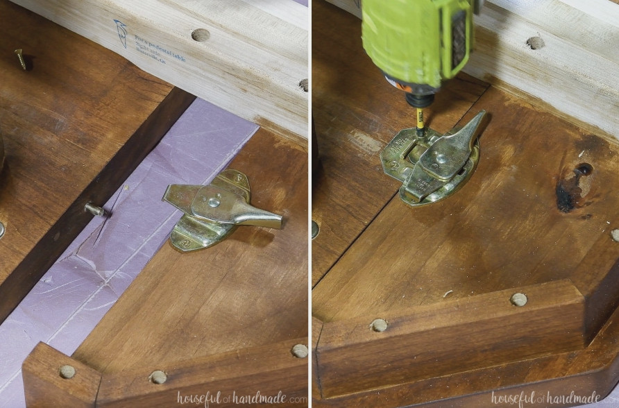 Attaching a table leaf lock to the underside of the breadboard end and table top.