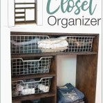 His side of the DIY closet organizer beside a 3D SketchUp model of the construction plans and text overlay: DIY Plywood Closet Organizer